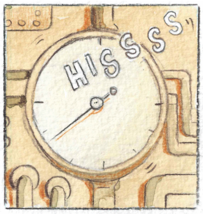 Panel 7 of Steam Engine. A close up of a steam pressure dial coming to life.