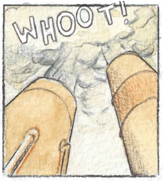 Panel 8 of Steam Engine. A close up of steam blasting from a boiler chimney.