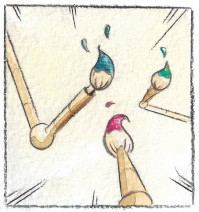 Panel 9 of Steam Engine. A close up of three paint brushes attached to wooden arms.