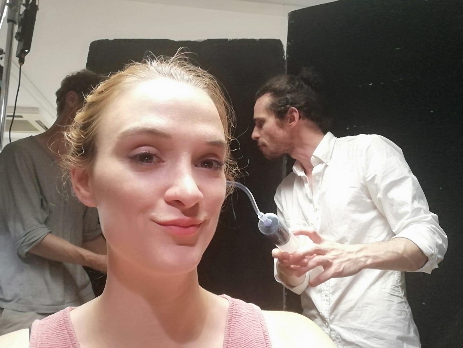 A photo from the set of Jaron Lanier Fixes The Internet with actor Caroline Vanier