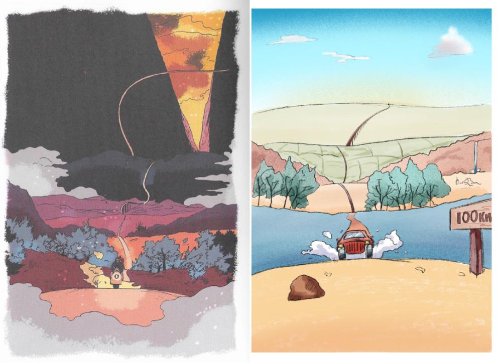 A panel from Are You Listening by Tillie Walden (left) alongside a recreation by Adam Westbrook (right)