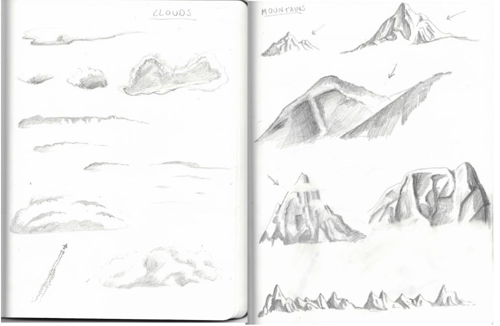 A page of landscape sketching from Adam Westbrook’s sketchbook