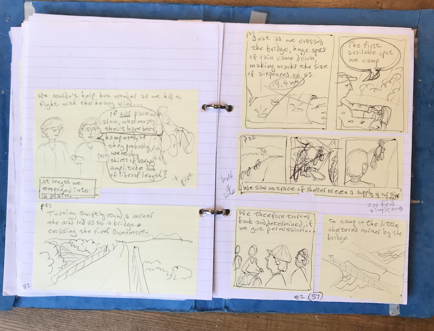 A page of thumbnails sketches by Michi Mathias