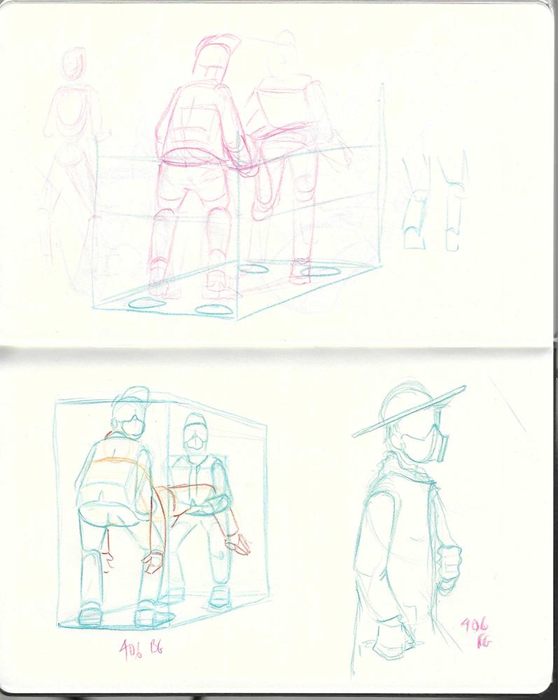 Rough pencil sketches of a panel of Negroni With A Twist