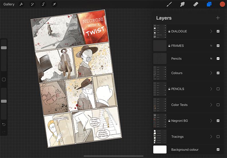 A screenshot from inside Procreate of a page of the comic