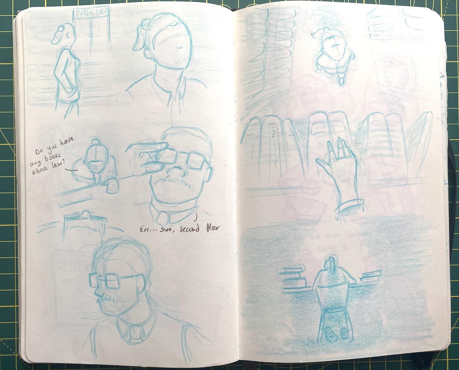 Pages of early short stories from Adam Westbrook’s sketchbook