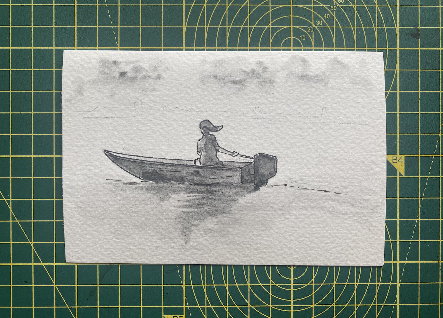 An ink and graphite sketch of a woman on a small boat