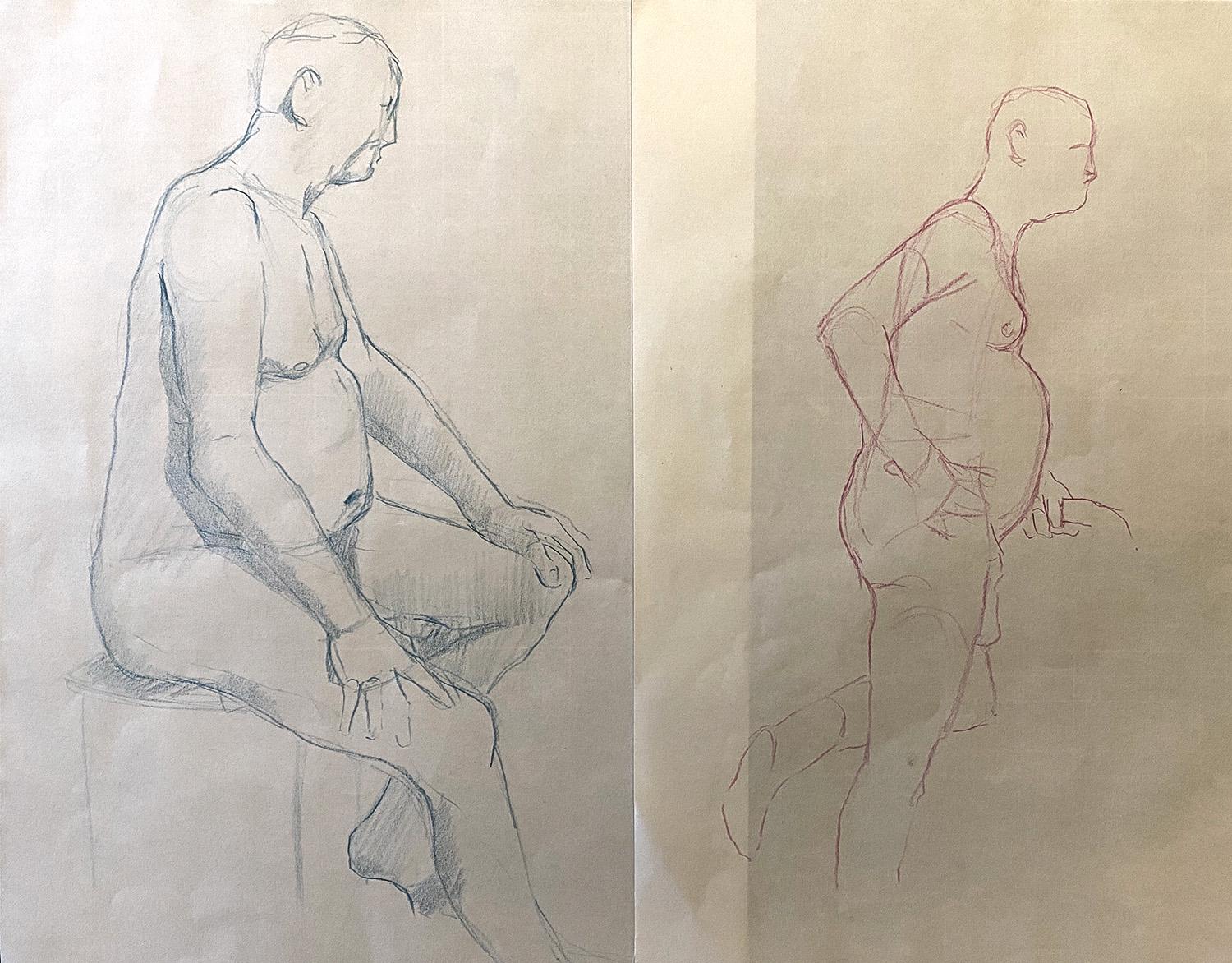 Life drawing sketches in coloured pencil of a male nude by Adam Westbrook