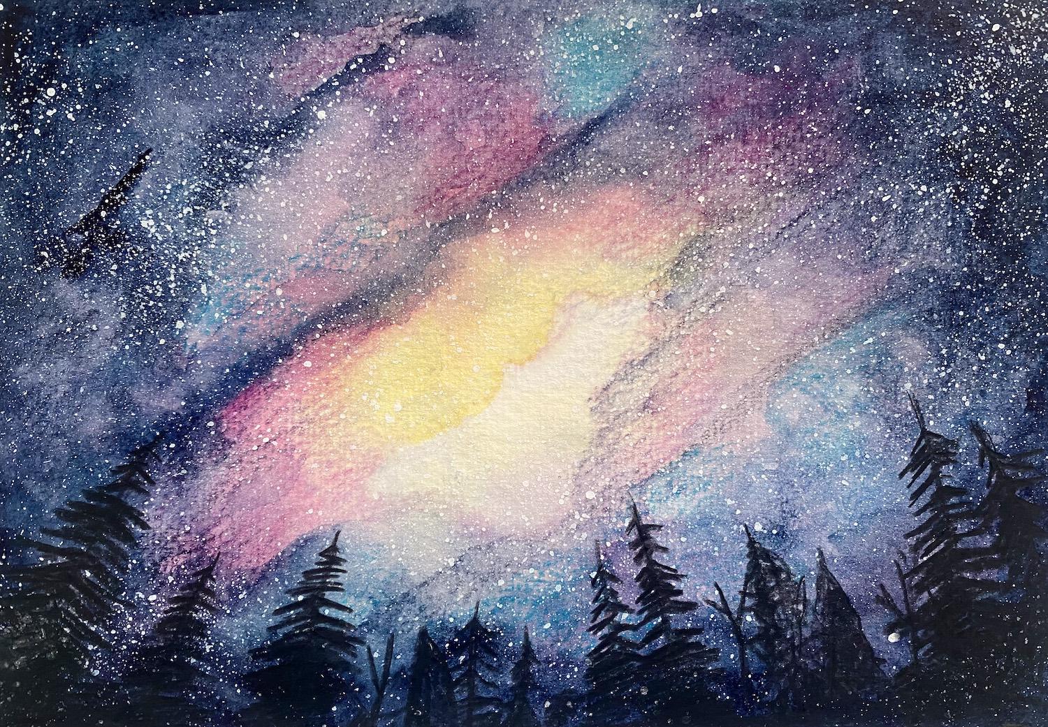A watercolour painting of a vibrant night sky with silhouetted trees in the foreground, by Adam Westbrook
