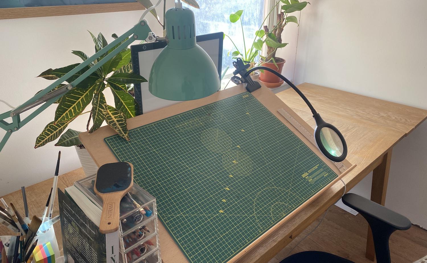 A photograph of Adam’s workspace, featuring a drawing board, pencils, paintbrushes, plants and a lightbox