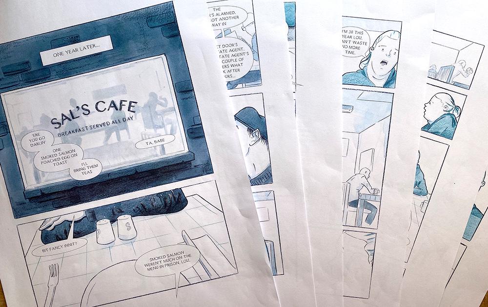 A photograph of six completed pages of Adam Westbrook’s debut graphic novel