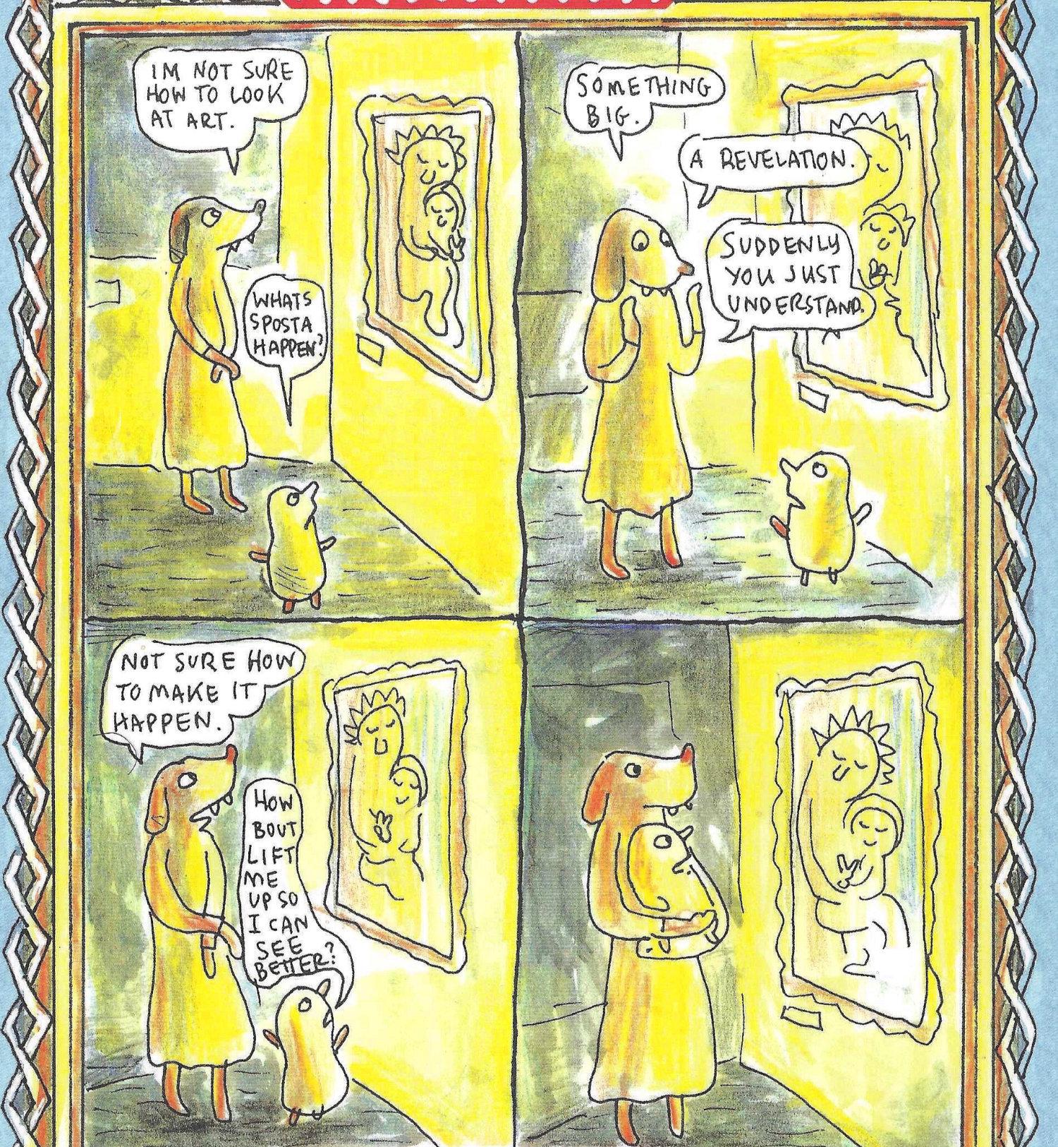 A four panel comic by Lynda Barry showing two characters looking at a painting and seeing themselves.