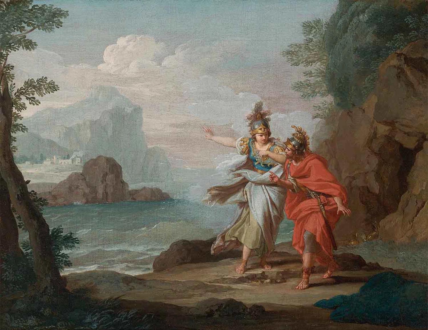 An oil painting called Athena revealing Ithaca to Ulysses by Guiseppe Bottani, c18th