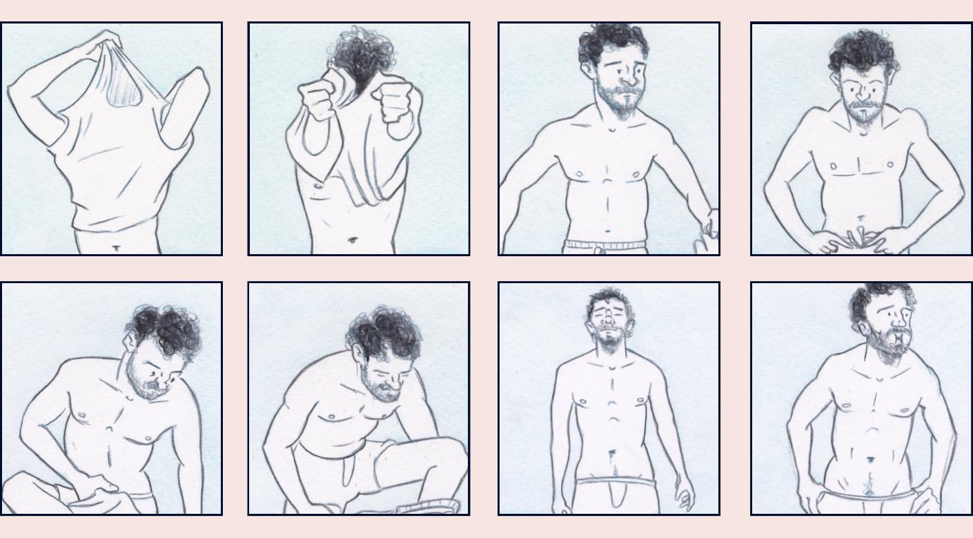 A sequence of 8 panels from the graphic novel Absolute Legend To Be Fair, showing a man slowly stripping naked