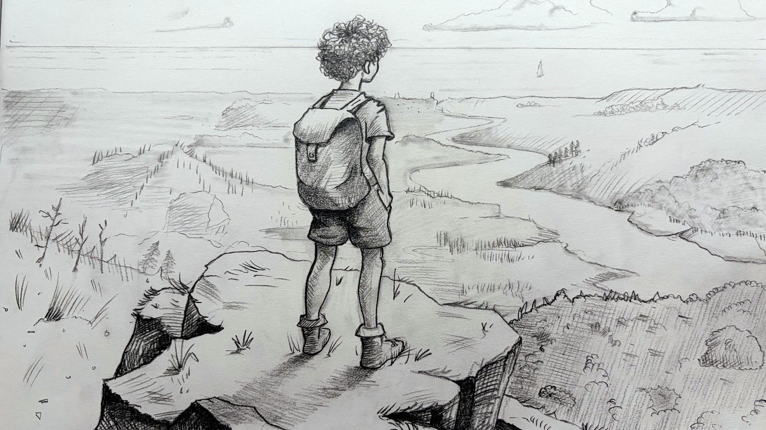 A pencil drawing of a boy standing on a mountainside overlooking a wide landscape, by Adam Westbrook