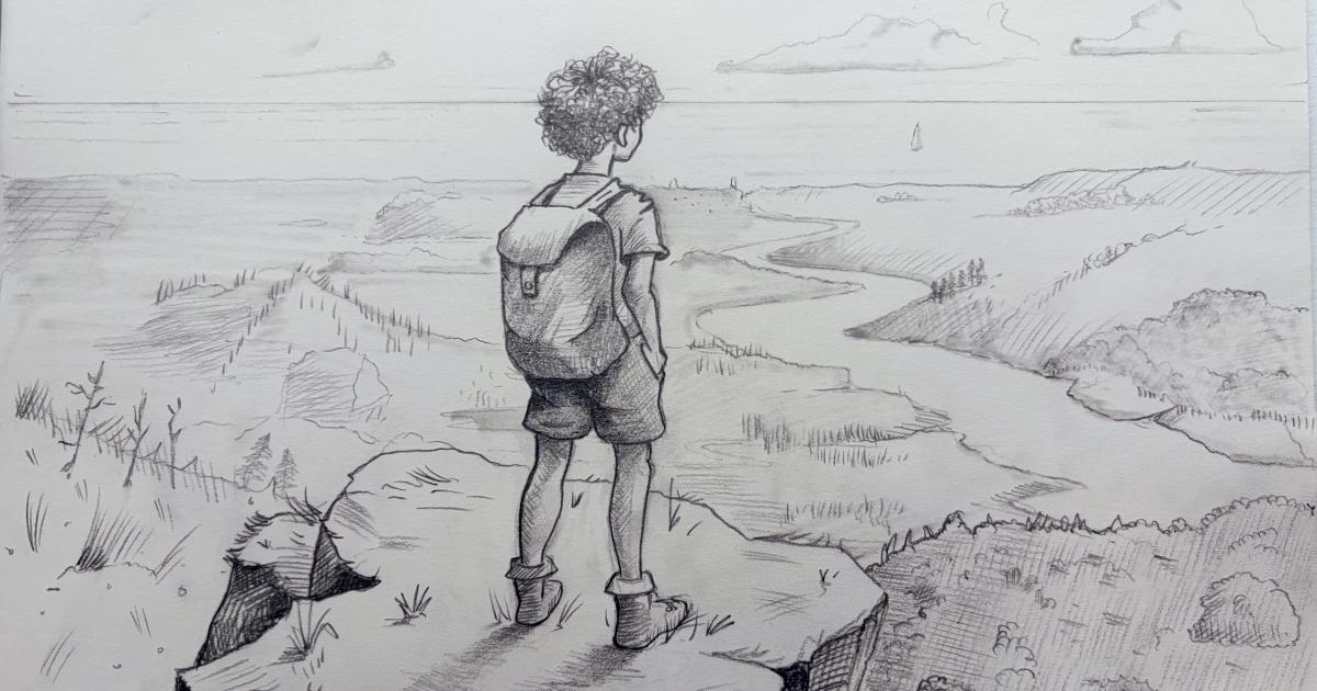 A pencil drawing of a boy standing on a mountaintop looking over a vast landscape, by Adam Westbrook