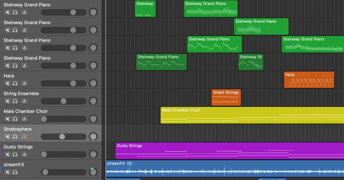A screenshot of Adam’s GarageBand project for Naturally, Dear Naturally.